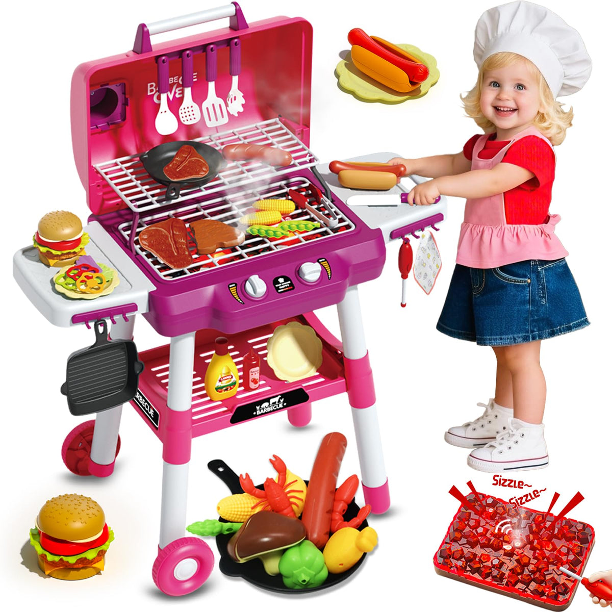 Kimicare kid toy grill cart pink wheels enable portable pretend play.
