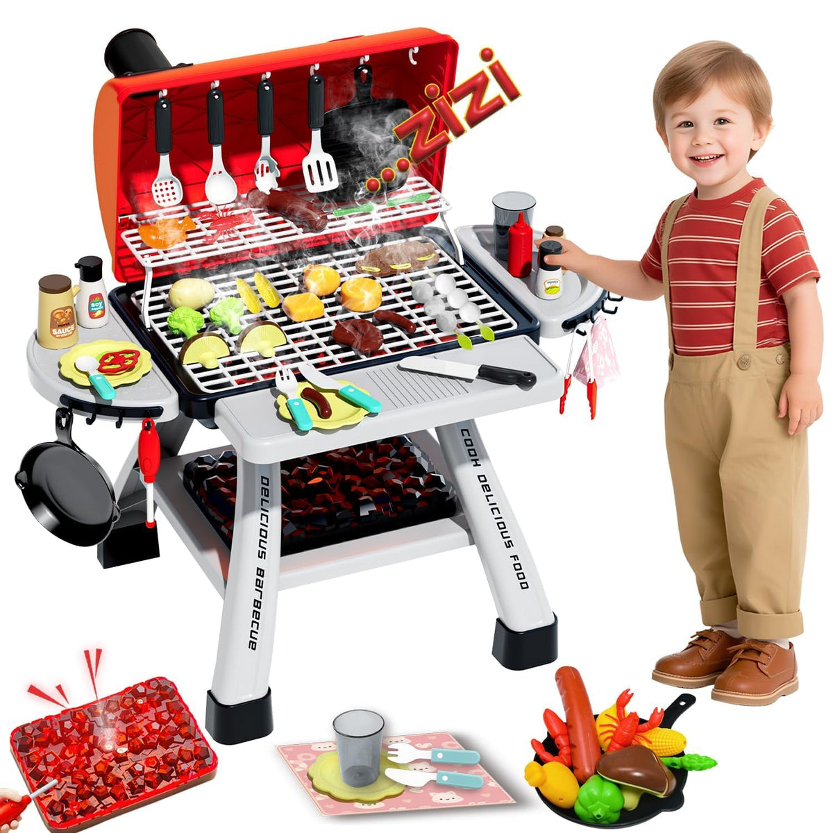 Kimicare Kids BBQ Grill Playset: grill-focused visuals for imaginative outdoor cooking fun.