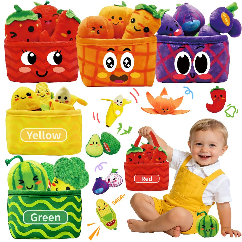 Kimicare plush fruit basket for toddlers, soft and safe sensory play.
