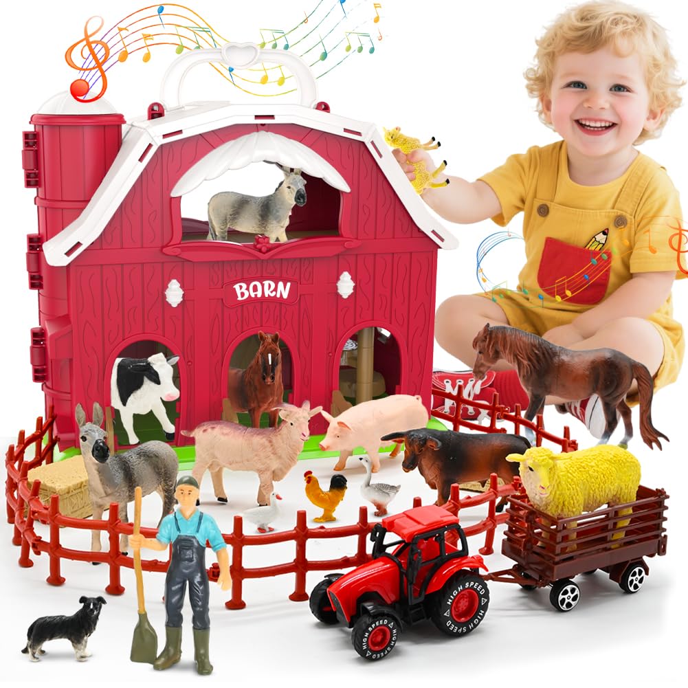 Kimicare red barn toy with tractor for imaginative play and learning.