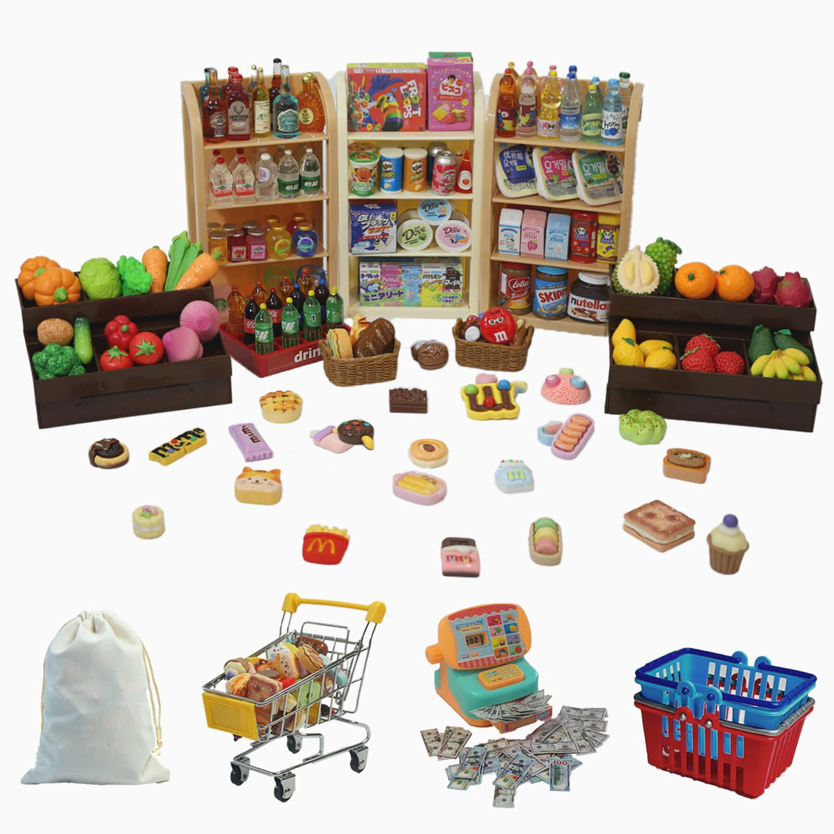 Kimo mini shopping cart playset with realistic items for pretend shopping fun.