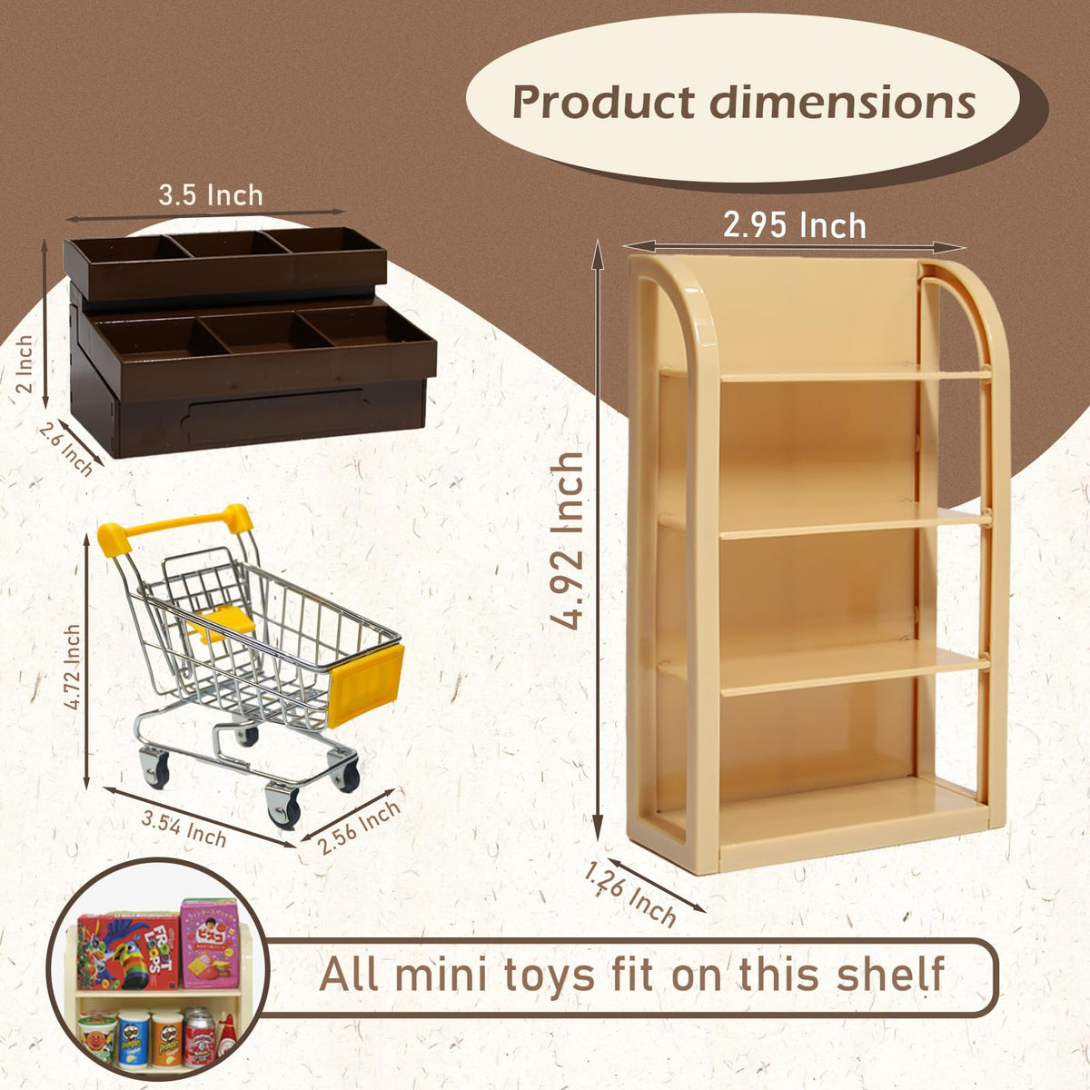 Kimo shelves organize mini grocery displays for tidy playtime.
