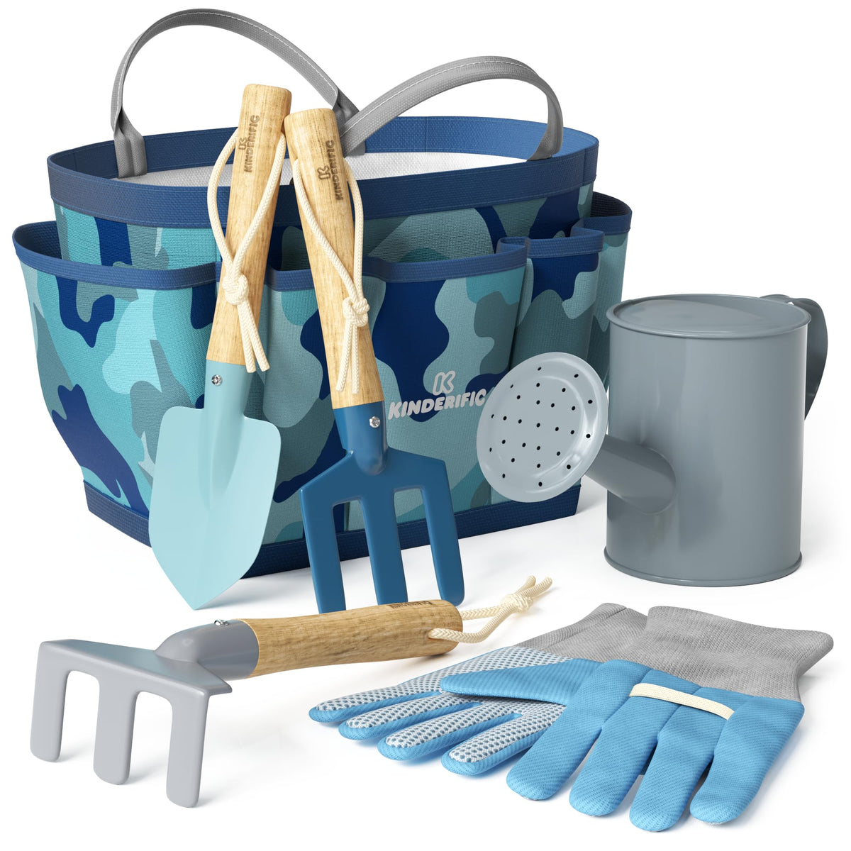 Kinderific Camo Quest tote bag for kids keeps tools organized on outdoor gardening adventures.