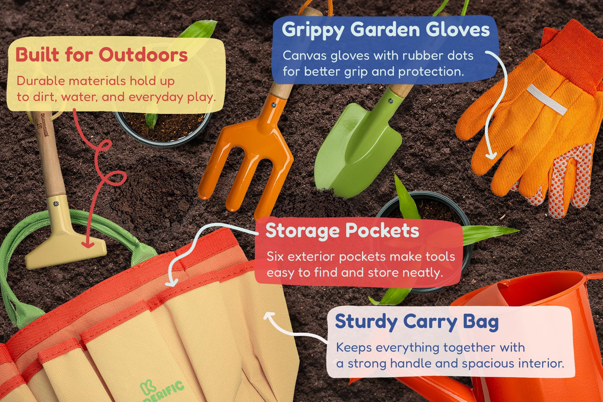 Kinderific Gardening Set rake helps kids cultivate fine motor skills while sweeping soil.