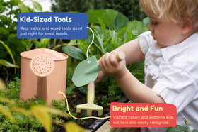Kinderific gardening set rake, kid-sized tool for scooping and raking leaves.