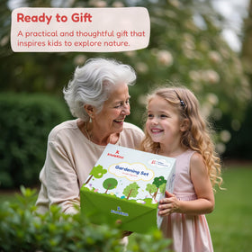 Kinderific Gardening Set tool kit features child-friendly spade, rake, fork, and trowel for easy handling.