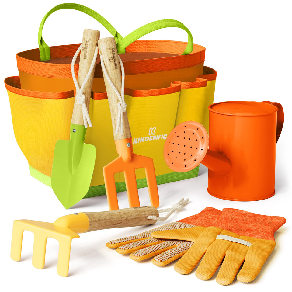 Kinderific Gardening Set tote bag keeps kids' tools organized during outdoor play.