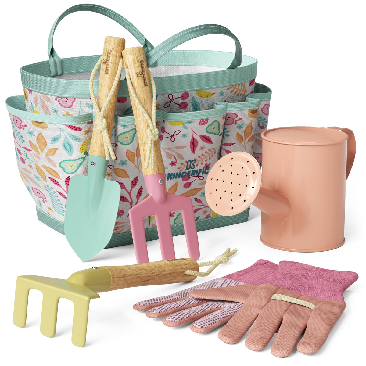 Kinderific gardening set tote bag for kid-friendly outdoor storage.
