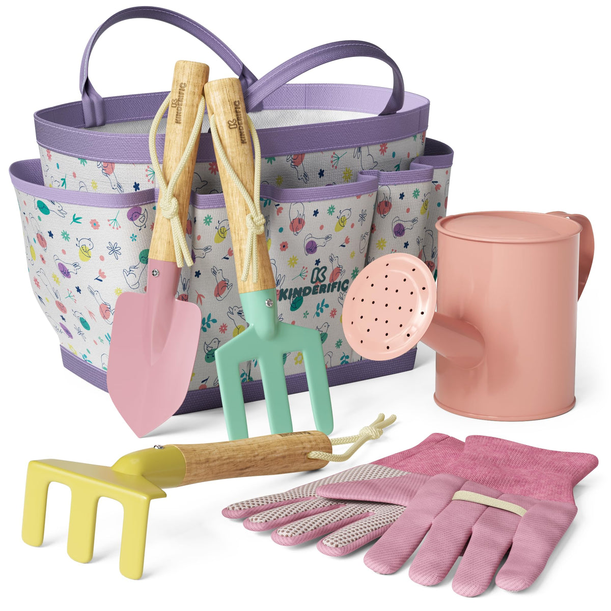 Kinderific Gardening Set tote bag keeps kids' tools organized for outdoor play.
