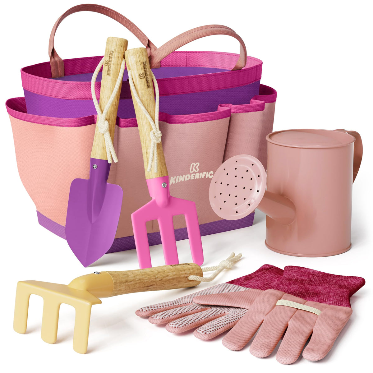 Kinderific gardening set tote bag keeps kids' tools organized for outdoor play.