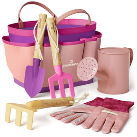 Kinderific gardening set tote bag keeps kids' tools organized for outdoor play.