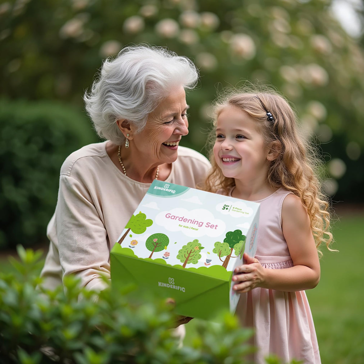 Kinderific trowel and gloves enable precise planting and hand protection.