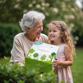 Kinderific trowel and gloves enable precise planting and hand protection.