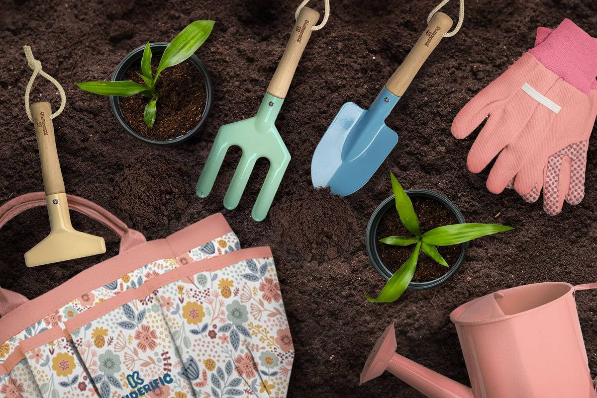 Kinderific complete kit image shows colorful tools ready for kids' gardening.