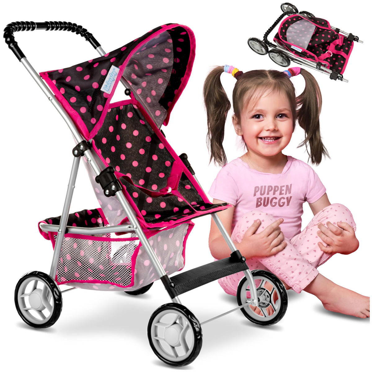 Kinderplay baby doll stroller with pink handle for easy pushing