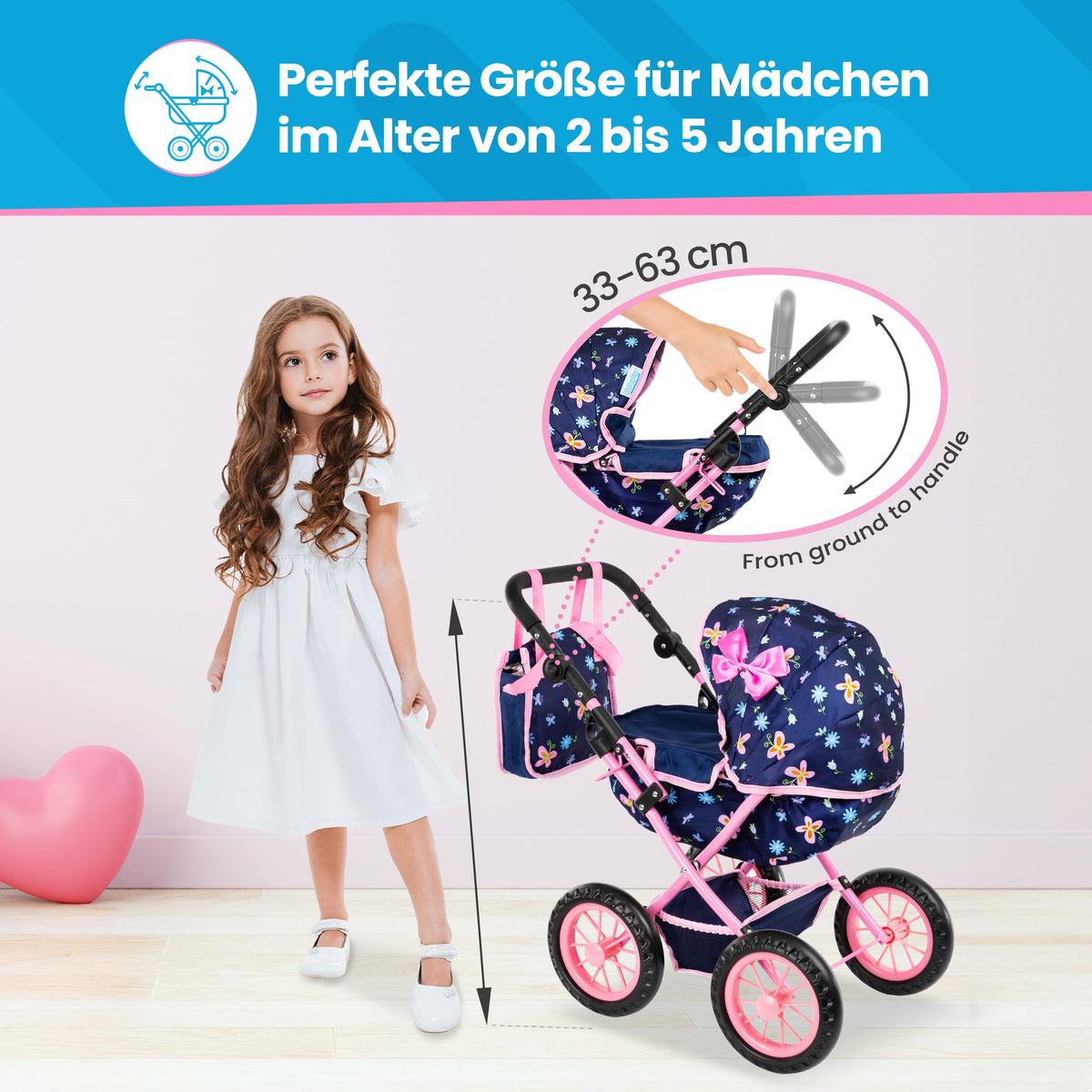 Kinderplay doll pram adjustable handle grows with your child for comfortable pushing