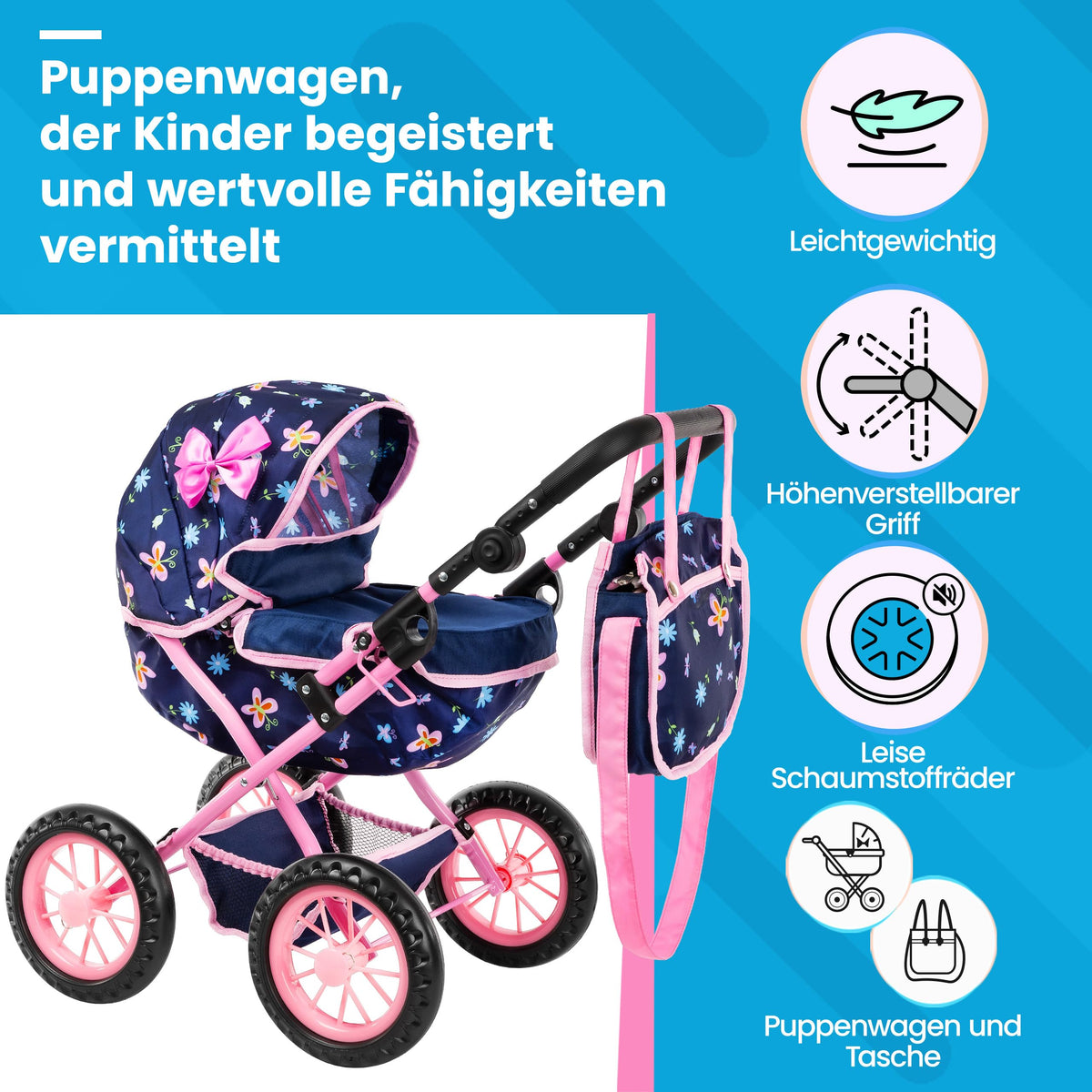 Kinderplay doll pram foldable hood provides shade for outdoor pretend strolls
