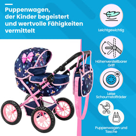 Kinderplay doll pram foldable hood provides shade for outdoor pretend strolls