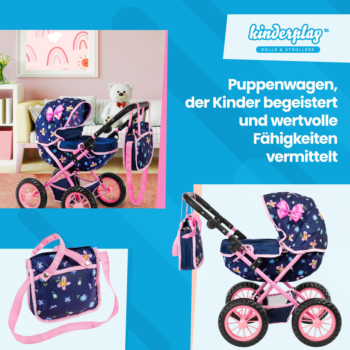 Kinderplay doll pram for indoor and outdoor play versatile use