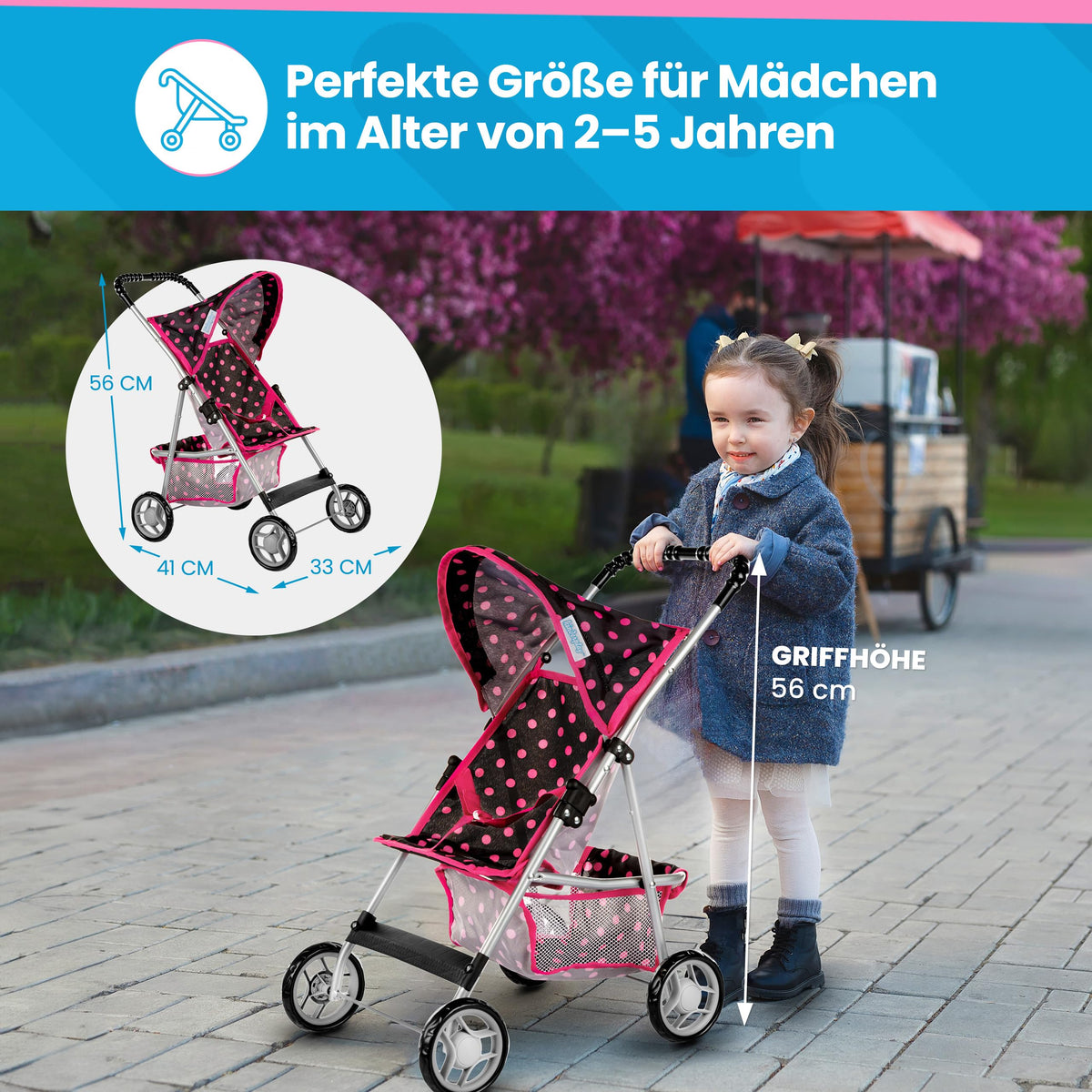 Kinderplay doll pushchair with foam wheels protects floors