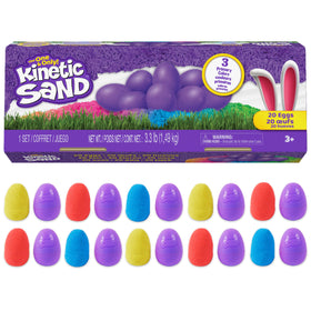 Kinetic Sand 20-Pack Eggs closeup showing red, yellow, and blue sand for creative play