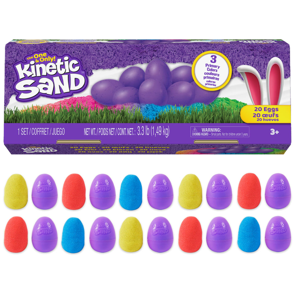 Kinetic Sand 20-Pack Eggs closeup showing red, yellow, and blue sand for creative play