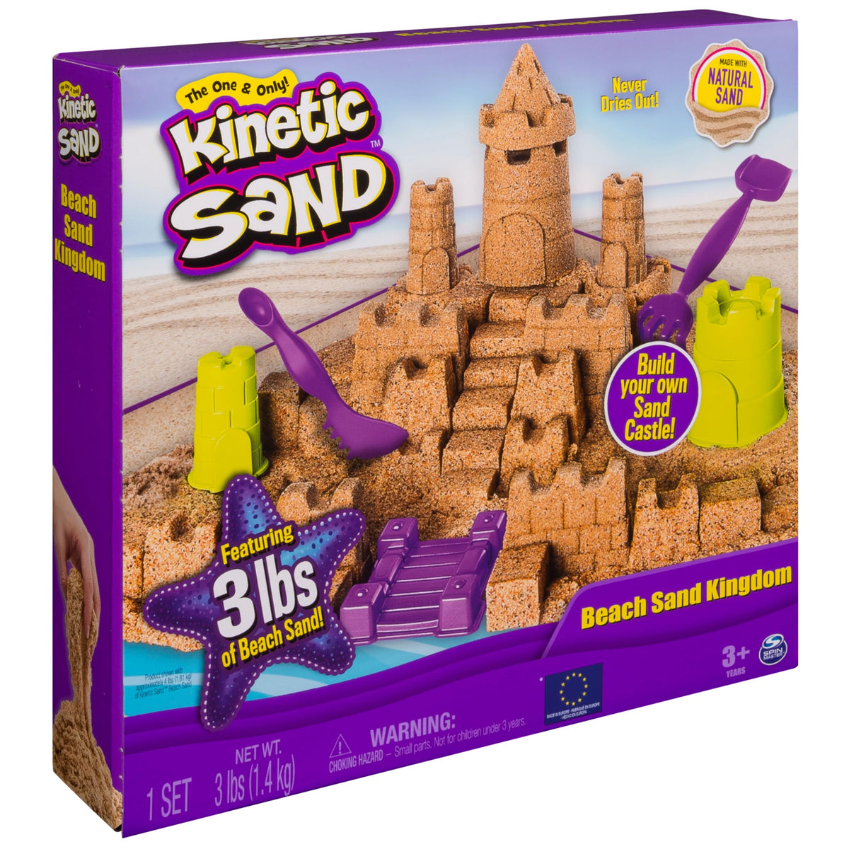 Kinetic Sand Beach Sand Kingdom includes 3 lbs of sand for extended play.