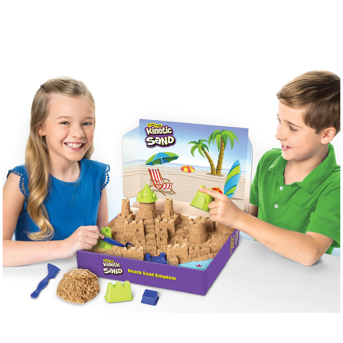 Kinetic Sand Beach Sand Kingdom molds help build walls and towers.
