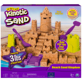 Kinetic Sand Beach Sand Kingdom packaging reveals a portable at-home play space.