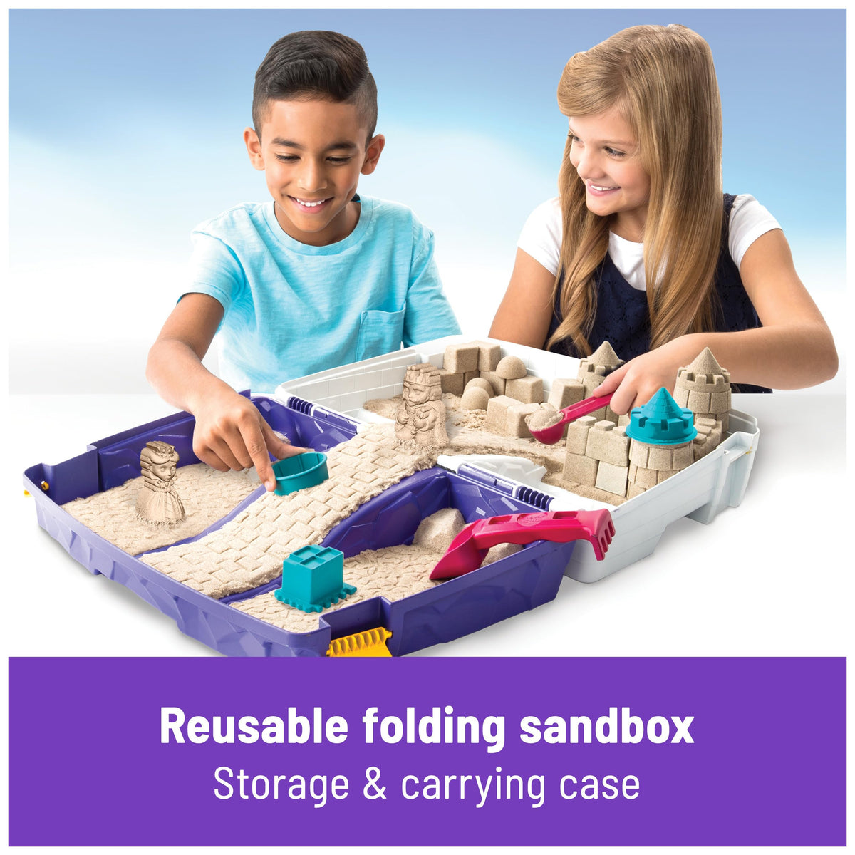 Kinetic Sand Folding Sand Box layout of 5 molds and 2 tools for creative play