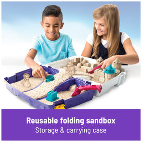 Kinetic Sand Folding Sand Box layout of 5 molds and 2 tools for creative play