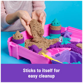 Kinetic Sand Mermaid Palace Playset folding sandbox keeps play contained and easy to store.