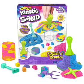 Kinetic Sand Squish N’ Create set with blue, yellow and pink sand for creative tactile play.