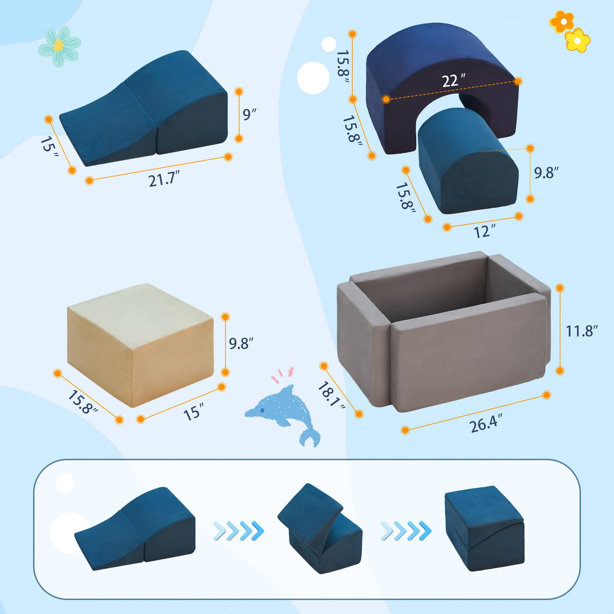 Kinevoli soft foam blocks with removable suede covers provide a safe, easy-to-clean surface
