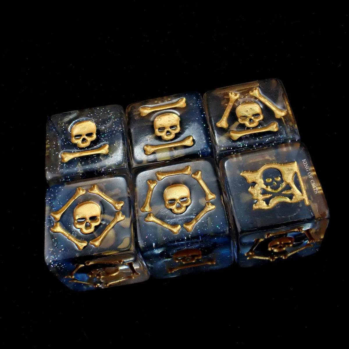 KING OF CRITS Jolly Roger dice highlight dramatic high rolls with pirate insignia