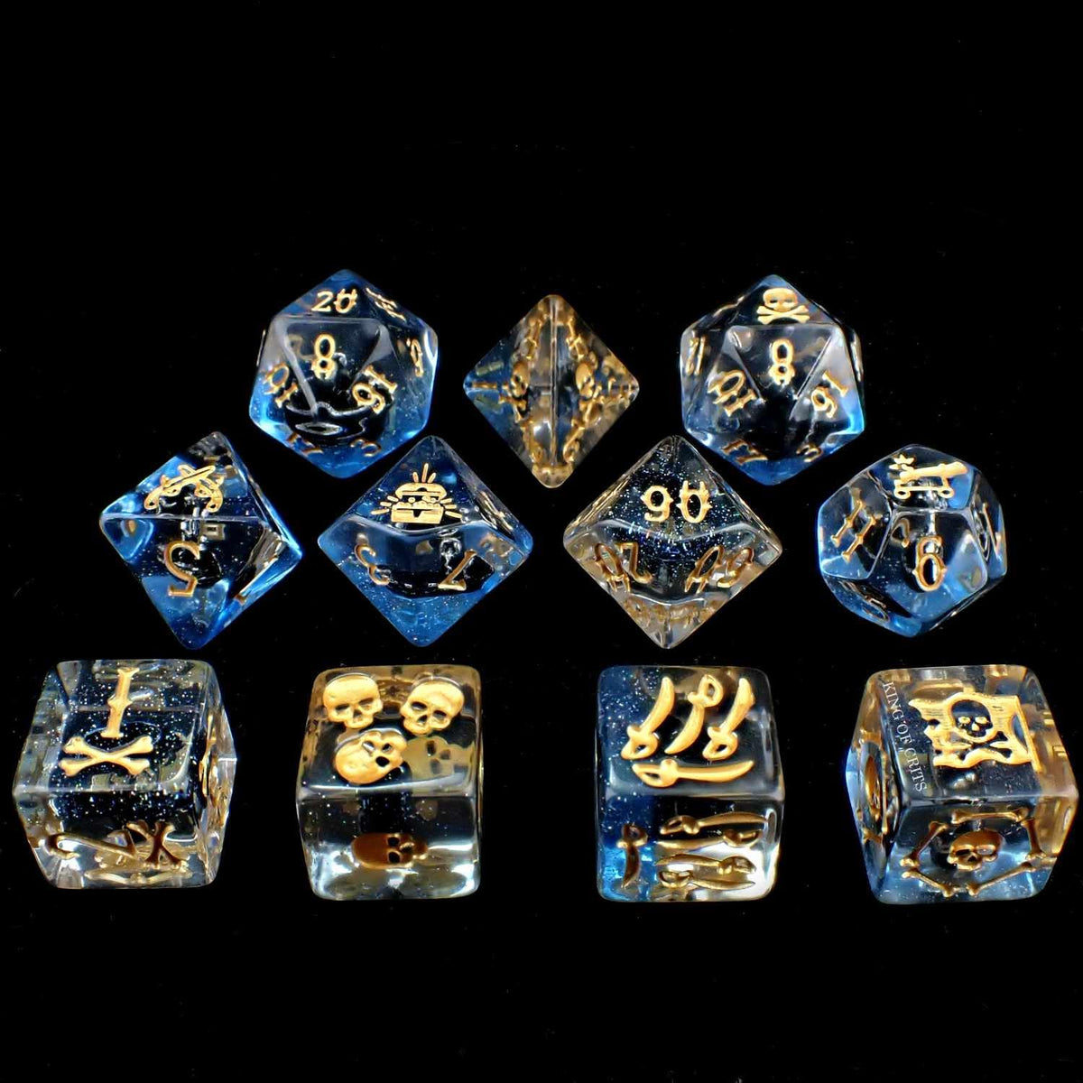 KING OF CRITS Swashbuckler polyhedral dice showcase pirate ships on each shape for visual flair
