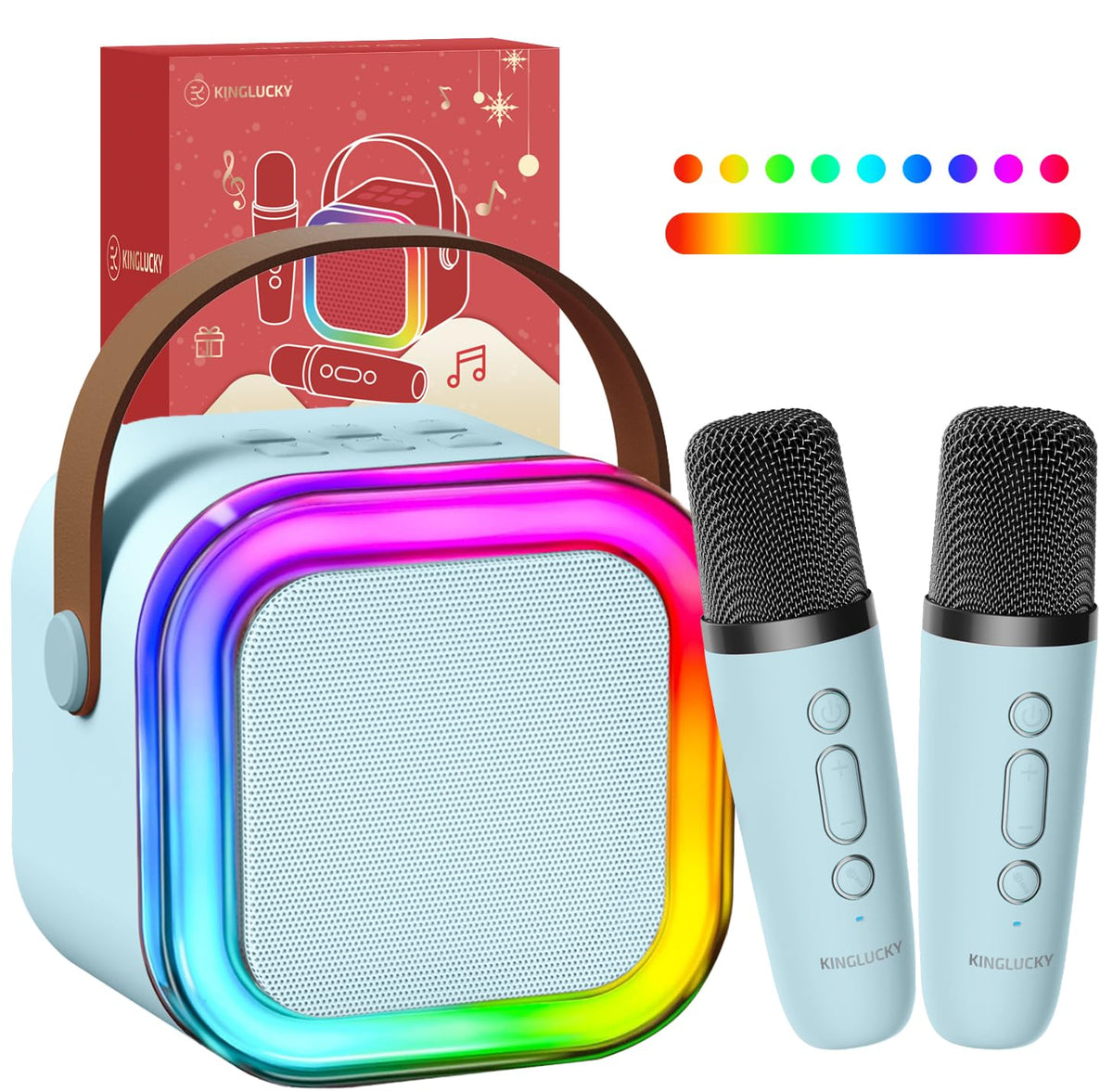 Kinglucky mini karaoke blue front view, kid-friendly design for family singing fun.