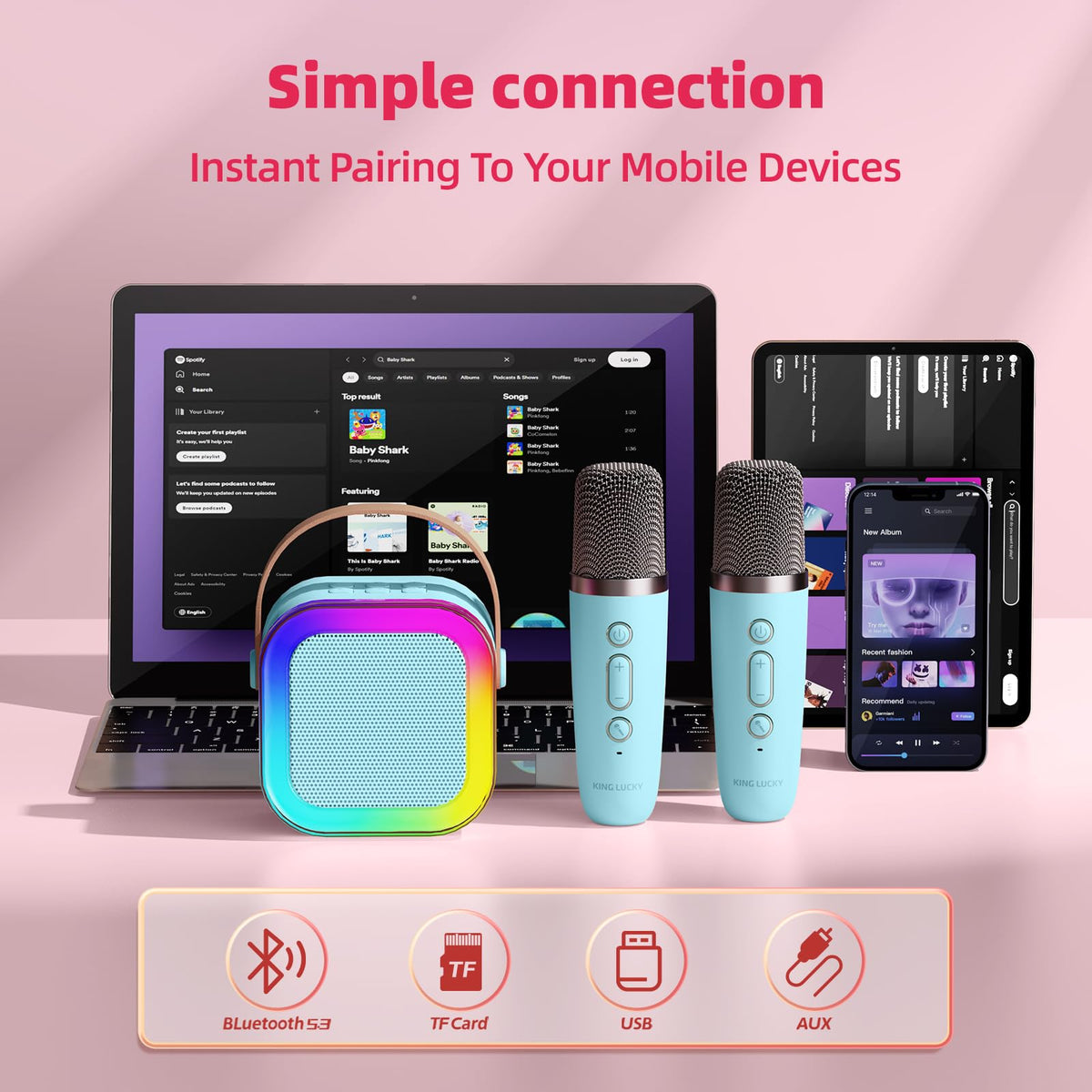 Kinglucky mini karaoke blue portable design for trips and parties.