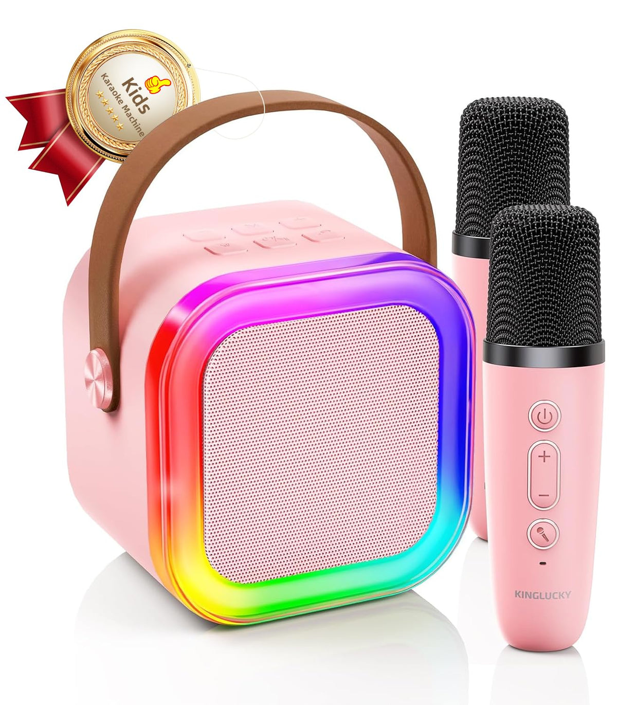 Kinglucky mini karaoke machine with dual mics enables playful duet performances.