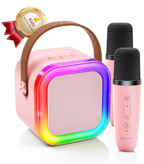 Kinglucky mini karaoke machine with dual mics enables playful duet performances.