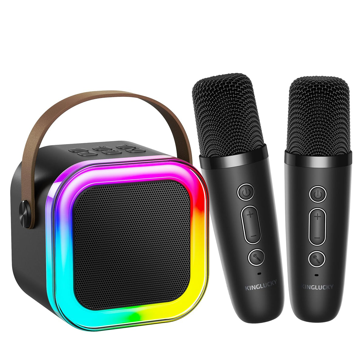 Kinglucky mini karaoke machine in black front view for kids' music sessions.