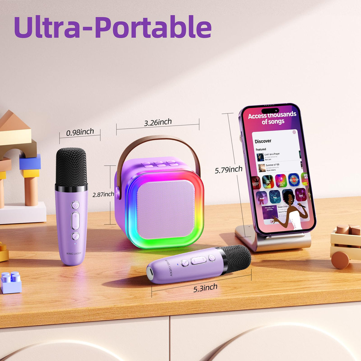 Kinglucky travel-friendly karaoke unit fits in a bag for trips.