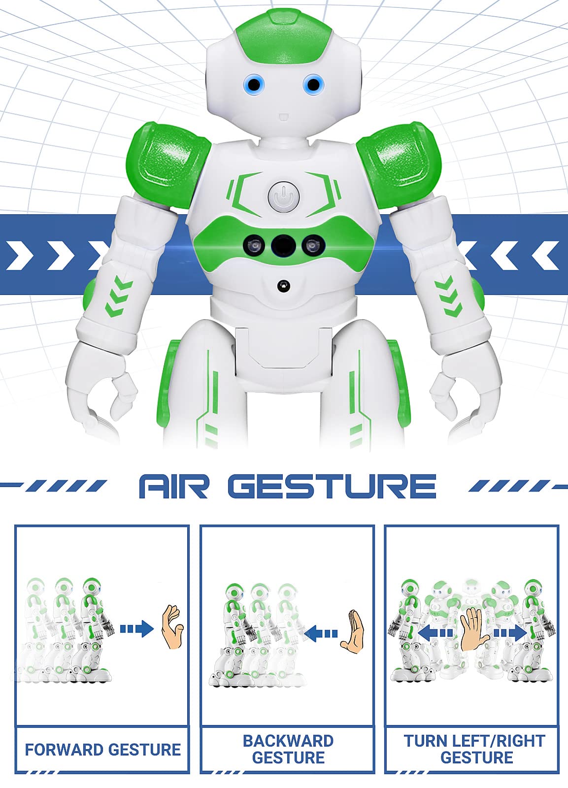 KingsDragon RC robot with blue LED eyes lights up during dynamic motion.