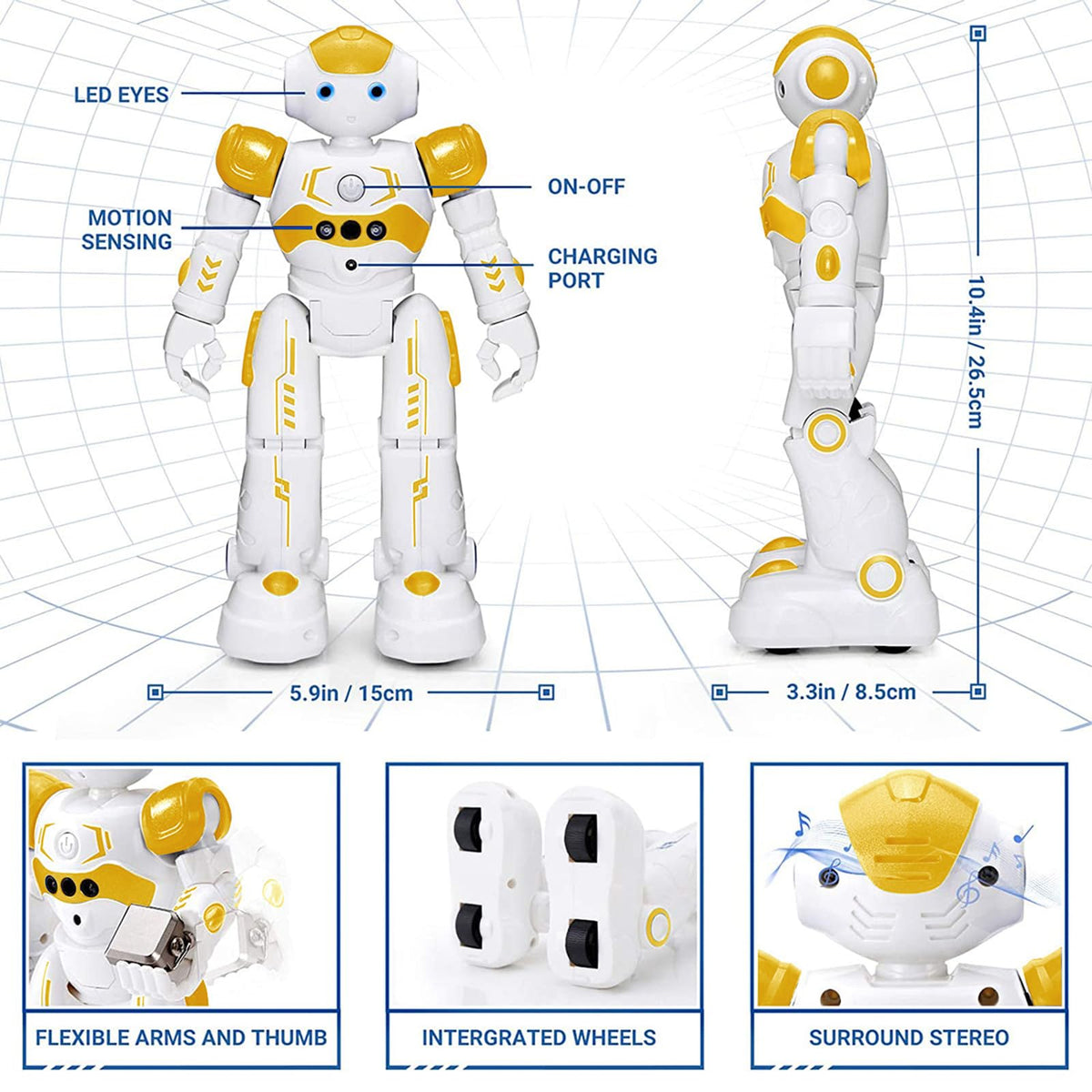 KingsDragon RC robot with blue LED eyes moving for visual feedback.