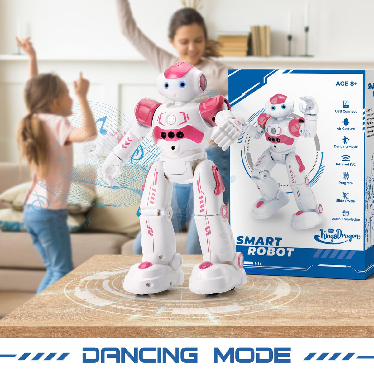 KingsDragon RC robot pink charging via USB for quick readiness