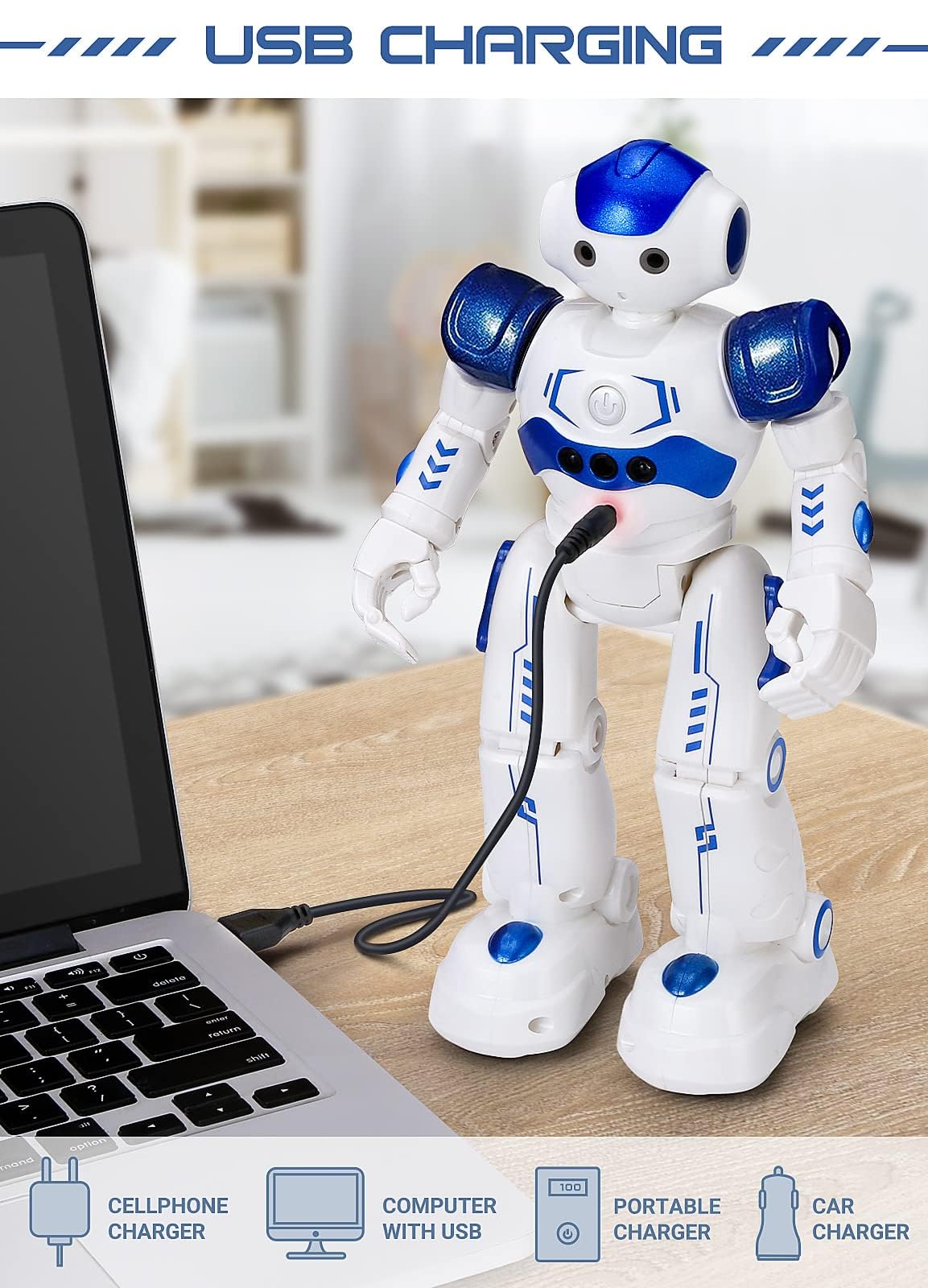KingsDragon RC Robot USB charging port for quick recharge.