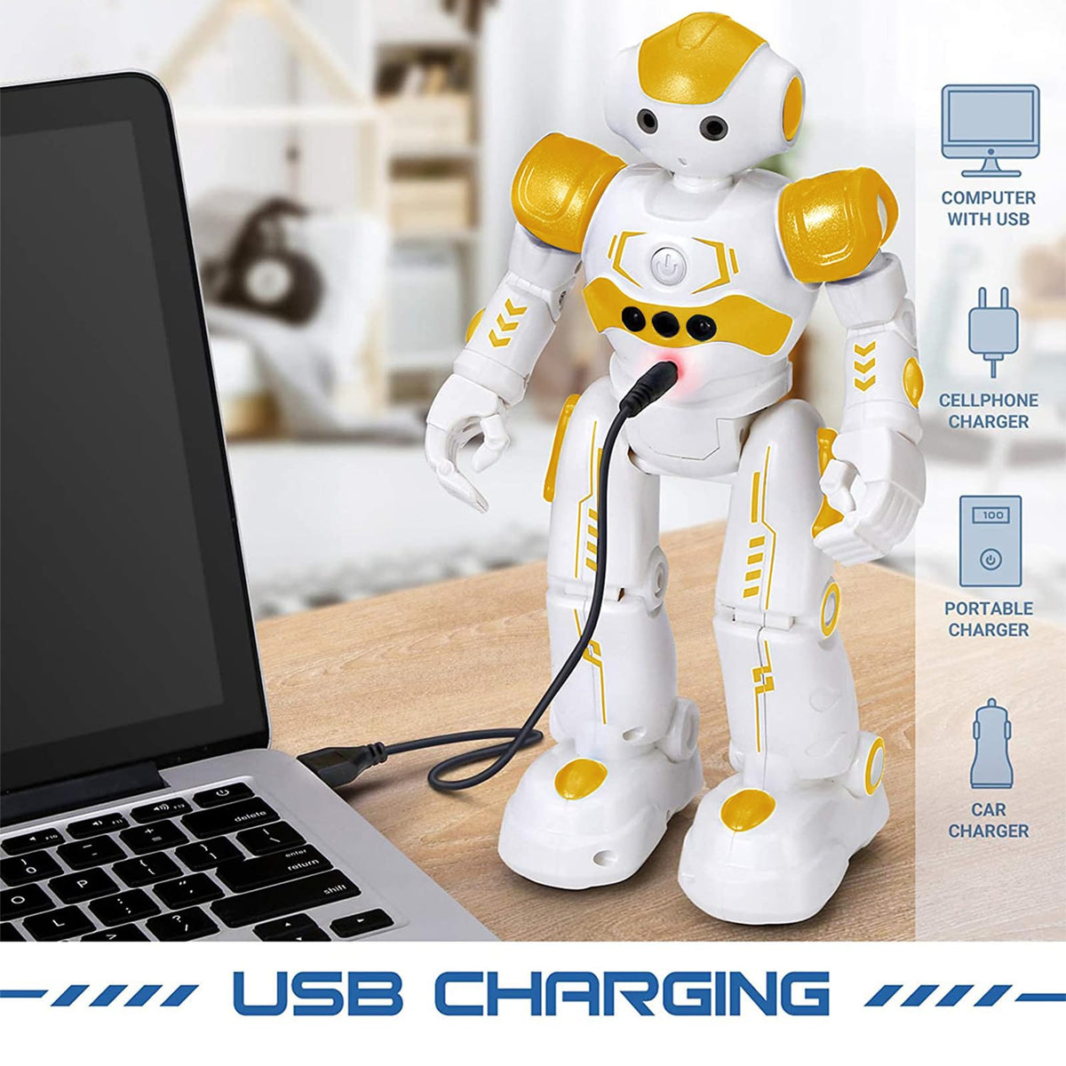 KingsDragon RC robot charging via USB for quick power-ups.