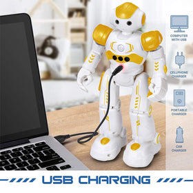 KingsDragon RC robot charging via USB for quick power-ups.