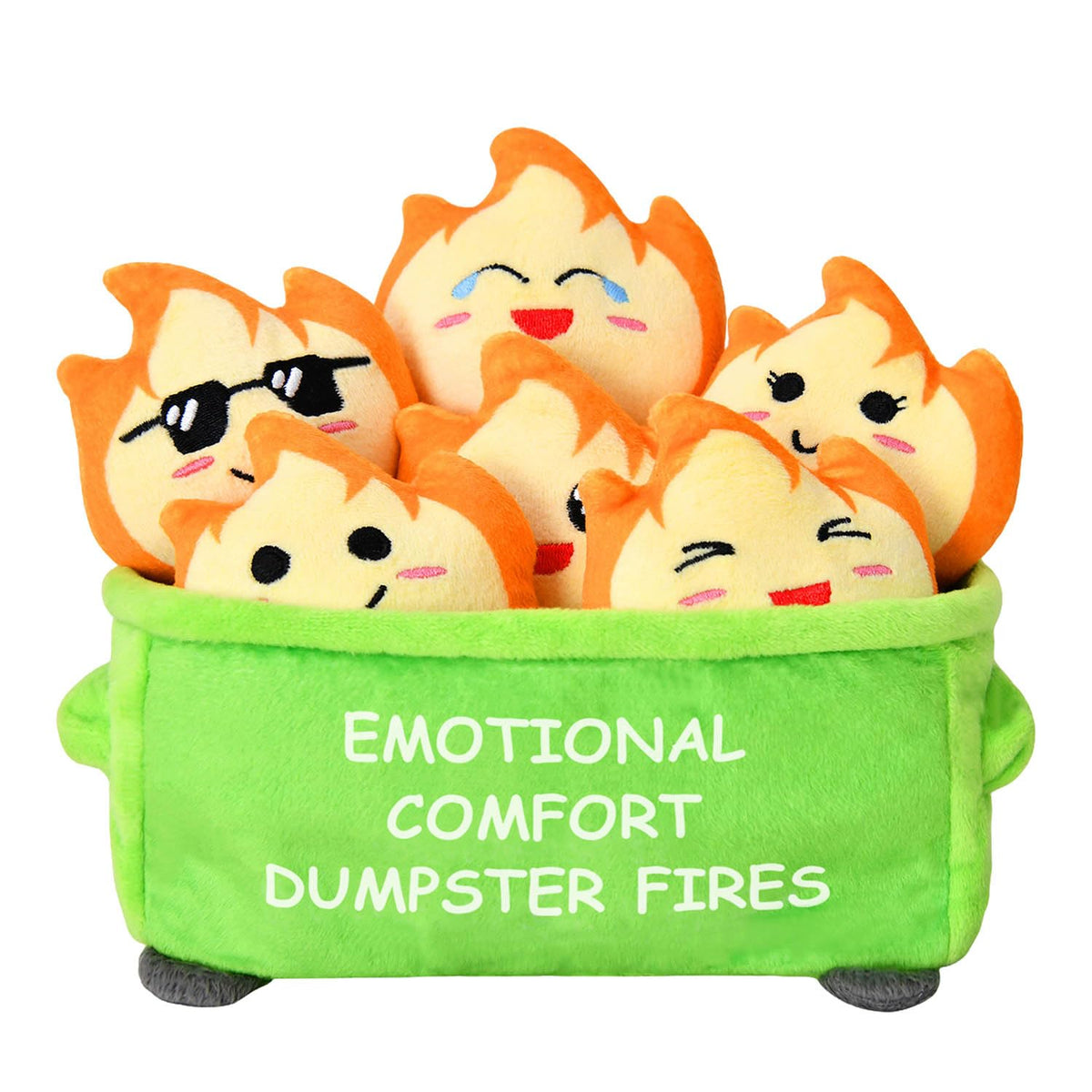 Kingwee dumpster fire plush front view with six friendly expressions for desk decor