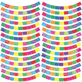 Kinlop 540ft Mexican banners collection unrolled for a festive backyard celebration; long-lasting outdoor decor.